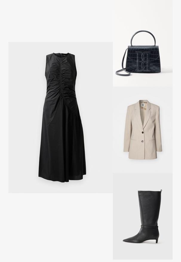 Blazer beige su misura con revers a scudo, chiusura con un singolo bottone nero e due tasche frontali. Tessuto texturizzato con un sottile motivo.; Abito nero senza maniche con dettagli arricciati, corpino aderente, gonna a forma A e chiusura con zip laterale. Realizzato in un tessuto liscio e leggero.; Stivale in pelle nera alta fino al ginocchio con punta affusolata, adornato da una fascia circolare attorno alla caviglia e un tacco basso e conico. Texture liscia.; Borsa in pelle nera con incisione a forma di coccodrillo, dal design strutturato, dotata di manico superiore, tracolla regolabile e un evidente dettaglio logo frontale.