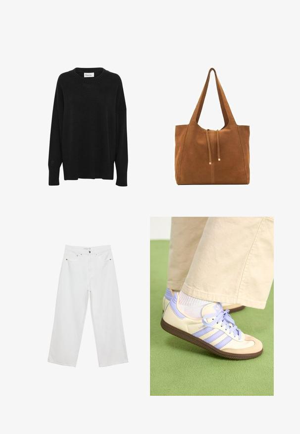 Beige Cropped-Jacke mit Kragen, ausgestattet mit drei vorderen Knöpfen, zwei aufgesetzten Taschen und einem glatten, leicht strukturierten Stoff.; Schwarzer gestrickter Pullover mit rundem Ausschnitt, fallenden Schultern und gerippten Bündchen und Saum. Verfügt über ein dezentes Logodetail am Bündchen.; Weiße Jeans im weit geschnittenen Design aus Denim mit hoher Taille, ausgestattet mit fünf Taschen und Metallbeschlägen. Glatte Textur, keine sichtbaren Muster.; Cremefarbene und lavendelfarbene Sneakers mit drei Streifen und einer strukturierten braunen Sohle, ausgestattet mit Schnürsenkeln und einer gepolsterten Ferse. Obermaterial aus weichem Stoff.; Braune Wildleder-Tasche mit zwei langen Trägern, Zugverschluss und minimalistischem Design. Glatte Textur und keine sichtbaren Hardware-Details.