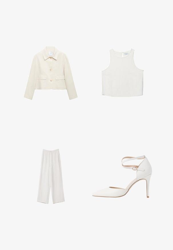 Krémová skrátená bunda s golierom, s tromi prednými gombíkmi, dvoma náprsními vreckami a hladkým, mierne textúrovaným materiálom.; Biele bezrukávové tričko s okrúhlym výstrihom, ktoré má jemnú textúru, detail s kľúčovou dierkou na chrbte a rovný lem.; Biele široké nohavice vyrobené z ľahkej tkaniny. Obsahujú elastický pás so sťahovacou šnúrkou a bočné vrecká. Hladká textúra.; Biele lodičky na vysokom opätku s špicatou špičkou, okrúhlym remienkom na členku a textúrovaným koženým povrchom. Má elegantný dizajn a tenký stiletto opätok.