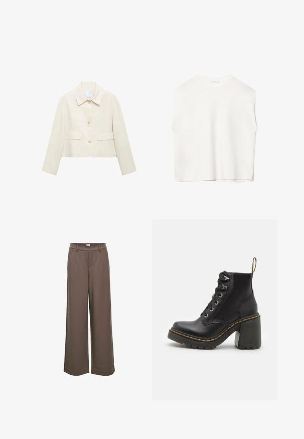 Krémová skrátená bunda s golierom, s tromi prednými gombíkmi, dvoma náprsními vreckami a hladkým, mierne textúrovaným materiálom.; Biele bezrukávové tričko s voľným strihom, okrúhlym výstrihom, hladkou textúrou a rovným lemom. Jednoduchý dizajn bez vzorov a kovania.; Široké nohavice z jemnej hnedej tkaniny. Majú vysoký pás, dve predné vrecká a hladkú textúru s ležérnym vzhľadom.; Čierne kožené členkové topánky s hrubým vysokým podpätkom, šnurovaním vpredu, kovovými očkami a žltým prešívaním pozdĺž podrážky. Štruktúrovaná gumová podrážka.