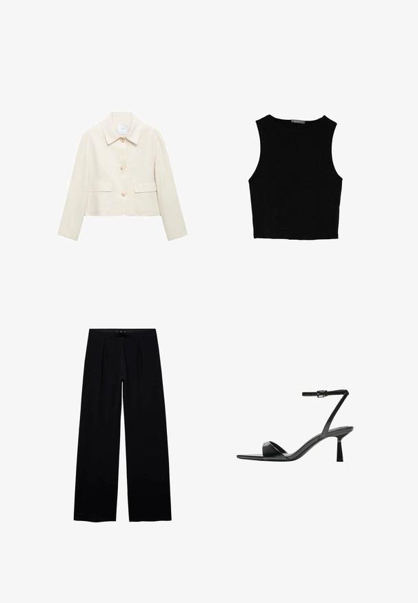 Beige zkrácená bunda s límcem, která má tři přední knoflíky, dvě náprsní kapsy a hladkou, lehce texturovanou tkaninu.; Černý bezsleeve crop top vyrobený z hladké tkaniny, s kulatým výstřihem a čistým, jednoduchým designem bez vzorů nebo kovových doplňků.; Černé kalhoty s širokými nohavicemi, které mají hladkou texturu, dva přední sklady a elastický pas pro pohodlí. Bez viditelného kovového doplňku nebo vzorů.; Bershka Sandály na vysokém podpatku - black