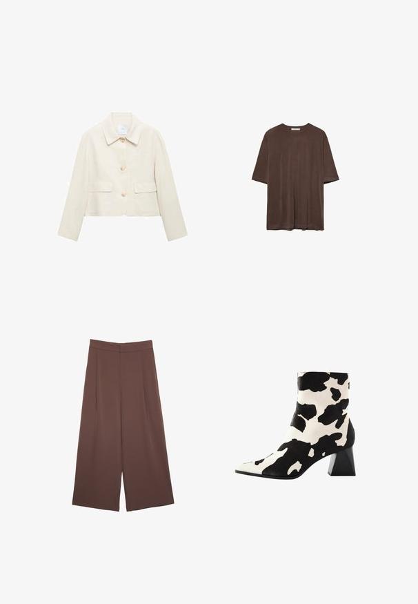 Beige lyhyempi takki, jossa on kaulus, kolme etupainiketta, kaksi päälle ommeltua taskua ja sileä, hieman teksturoitu kangas.; Ruskea lyhythihainen t-paita, joka on valmistettu pehmeästä kankaasta. Paita on pyöreäkauluksinen ja rento leikkaukseltaan. Pintakuvasto on sileä ilman kuvioita tai koristeita.; Ruskeat leveälahkeiset housut, joissa on sileä pinta, korkea vyötärö ja etupleat. Kangas on kevyttä ja laskeutuu väljänä.; Nilkkuri, jossa on lehmänprintti, teksturoitu pinta, teräväkärkinen malli ja paksu musta korko. Valmistettu pehmeästä materiaalista, jossa on ainutlaatuinen kuosi.