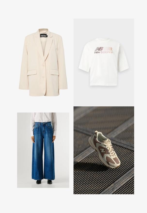Pieces PCKAMIL LOOSE NOOS - Blazer - sandshell; T-shirt branca de mangas curtas feita de algodão, com um logótipo em degradé em rosa e cinzento e o texto "new balance" abaixo do logótipo.; Jeans largos azuis com uma cintura alta, feitos de denim, com bolsos frontais e fecho de botão. Textura suave com um lavado clássico.; Shoe atlético bege e castanho com parte superior em rede, sola acolchoada e design de atar. Apresenta um logo em destaque e sobreposições texturizadas.