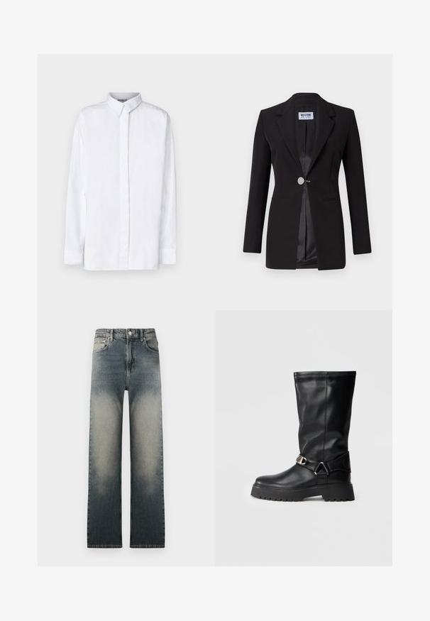 Crna jakna s izrezanim reverom, jedan gumb za zatvaranje i dva prednja džepa. Napravljena od glatkog materijala, s satenskom unutrašnjosti i urednim linijama.; Stieglitz VILA - Bluza s gumbima - white; Traperice visokog struka ravnog kroja s izblijedjelim svijetlim i tamnim denima te klasičnim dizajnom s pet džepova.; Crne čizme do koljena napravljene od glatke kože, s akcentom kopče sa strane i debelim, teksturiranim đonom za bolju trakciju.