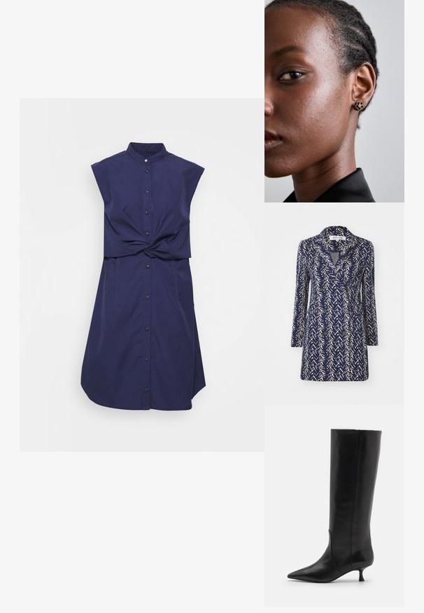 Jūras zilas divrindu mētelis ar beigu abstraktu rakstu, ar kabatas klapām, garām piedurknēm un divām priekšējām kabatām. Mīksta auduma tekstūra.; rag & bone LOUISA SLEEVELESS DRESS - Kreklkleita - navy; Stuart Weitzman BOOT - Zābaki - black; Zelta ziedu pušķa auss gredzens ar strukturētu melnu centru un smalku detalizāciju. Modeļa skaidrā āda un sapītas mati ir redzami profilā.