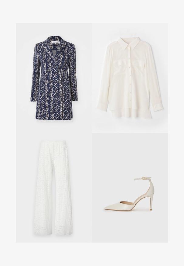 Palton bleumarin din material dublu, cu un model abstract bej, guler cu reja, mâneci lungi și două buzunare frontale. Textură moale a materialului.; Cămașă albă cu nasturi, confecționată dintr-un material ușor. Prezintă un guler clasic, două buzunare pe piept și o margine din spate puțin mai lungă.; Pantaloni albi cu croi larg, prevăzuți cu un brâu elastic, având un model texturat din dantelă florală pe întreaga suprafață a materialului.; Pantofii înalți din piele albă, cu vârf ascuțit, curea la gleznă și toc subțire de tip stiletto. Textură netedă cu un finisaj subtil lucios.