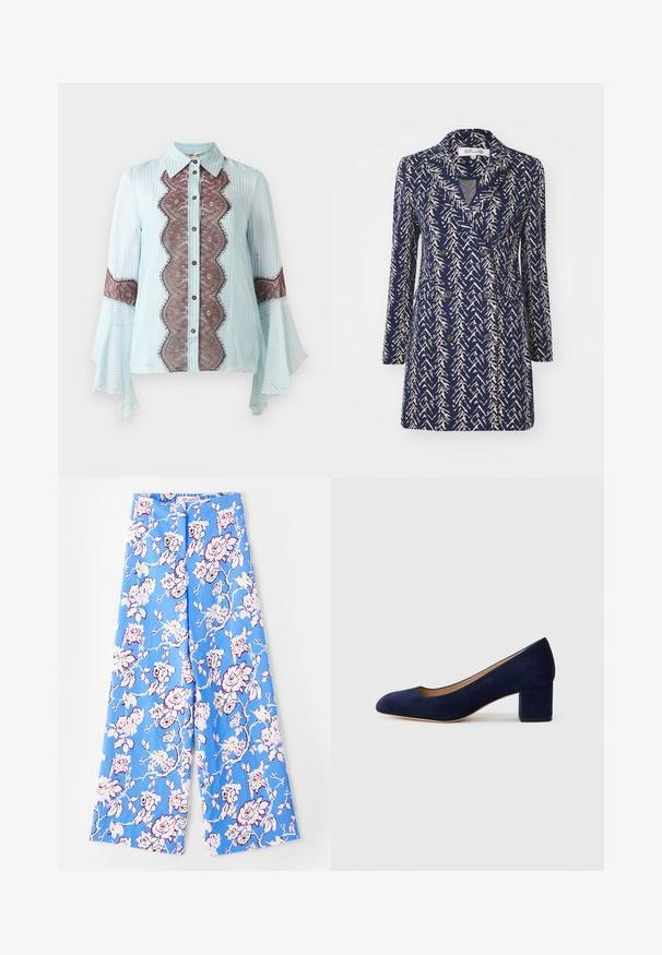 Navy blue double-breasted coat with a beige abstract pattern, notch lapels, long sleeves, and two front pockets. Soft fabric texture.; Light blue blouse with brown lace accent and striped pattern. Features a pointed collar, button closure, and flared sleeves.; Blue floral pants featuring a pastel rose pattern. The fabric is smooth with a relaxed fit, wide legs, and an elastic waistband.; Navy blue suede pump with a pointed toe and a mid-height block heel. Smooth texture with a subtle sheen and a small cutout at the front.