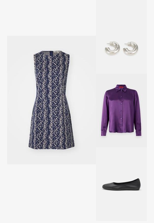 Navy blue double-breasted coat with a beige abstract pattern, notch lapels, long sleeves, and two front pockets. Soft fabric texture.; Purple satin long-sleeve shirt with a collar, front button closure, and light purple buttons. Smooth texture and slightly glossy finish.; Sleeveless dress in navy fabric featuring a cream zigzag pattern, with a round neckline and a back zipper closure. A-line silhouette.; Black leather ballet flat with a rounded toe, smooth texture, minimal stitching detail, and a flexible sole design.; Silver-tone hoop earrings with a smooth, curved design and textured surface, featuring a stud post for fastening.