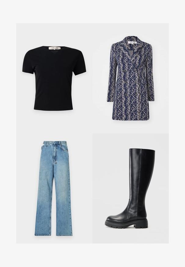 Námořnický modrý dvouřadý kabát s béžovým abstraktním vzorem, s klopami, dlouhými rukávy a dvěma předními kapsami. Měkká tkanina.; Černé tričko s krátkým rukávem a výstřihem do V, vyrobené z hladkého, elastického materiálu. Obsahuje jednoduchý, klasický střih bez ozdob.; Světle modré denimové kalhoty s širokými nohavicemi a středně vysokým pasem, pěti kapsami a zapínáním na knoflíky, s kovovými detaily a vybledlým vzhledem.; Černé kozačky po kolena vyrobené z hladké kůže, s kulatou špičkou a robustní gumovou podrážkou s dezény pro lepší trakci.