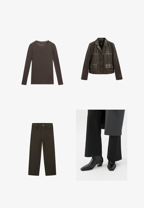 Donkerbruine leren jas met uitsnijdende kraag, drie zwarte knopen aan de voorkant en twee klepzakken, tentoongesteld op een witte achtergrond.; Langarm shirt van donkerbruin katoen met een ronde halslijn en een eenvoudige, gladde textuur. Geen graphics of versieringen aanwezig.; Donkergroene wijde jeans van een katoenmix, met een sluiting met een voorste knop, vijf zakken en klassieke denimstiksels.; Zwarte enkellaarsjes met een vierkante neus en taps toelopende hak, gemaakt van glanzend leer met verticale geribbelde accenten aan de zijkanten.