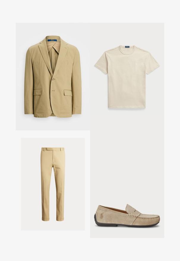 Beige bomullsblazer med slagkrage, en-knappsstängning och två framfickor. Slät textur med minimala sömnadsdetaljer.; Beige bomullströja med rund hals, korta ärmar och en liten logotyp på bröstet. Lätt textur, avslappnad passform och minimalistisk design.; Khaki chinos tillverkade av slät bomullstyg, med en figurnära design, framfickor, och manschetter vid ankeln för en avsmalnande look.; Beiga mockasiner i mocka med en sömdetalj, platt gummisula och en liten logotyp på sidan. Klassisk slip-on design, mjuk textur.