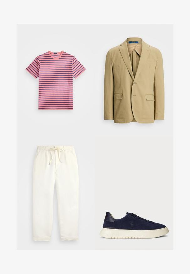 Beige kokvilnas žakete ar iegrieztu klāju, vienas pogas aizdari un divām priekšējām kabatām. Gluda tekstūra ar minimāliem šuvju detaļām.; Svītru krekls gaiši rozā un tumši zilā krāsā. Apaļa kakla, īsas piedurknes, kokvilnas audums. Ievērojams neliels logotips kreisajā pusē.; Gaiši krēmkrāsas, ikdienišķi bikses, izgatavotas no mīkstas auduma. Iespējas ietver elastīgu jostu ar auklu un sašaurinātu kāju dizainu.; Jūras kara flotes zamšādas zemas kedas ar strukturētu virsmu, gumijas zoli un tonālām šņorēm, ar mazu logotipu uz sāna un papēža.