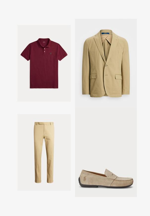 Beige bomull blazer med spiss lapel, en knapp lukk og to frontlommer. Glatt tekstur med minimale søm detaljer.; Burgunderfarget poloshirt laget av bomull, med tre-knappers knappestolpe, korte ermer og en grønn logo på brystet.; Kaki chinos laget av glatt bomullsstoff, med en tettsittende design, frontplisseringer og mansjetter ved ankelen for en smalere look.; Beige mokasiner i semsket skinn med en sydd detalj, flat gummisåle og en liten logo på siden. Klassisk slip-on-design, myk tekstur.