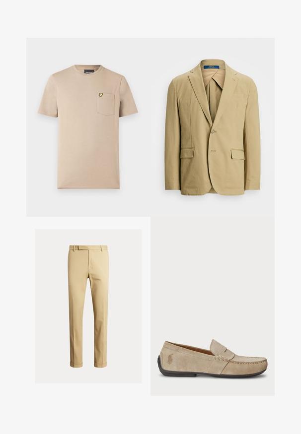 Blazer de algodão bege com lapela com recorte, fecho de um botão e dois bolsos frontais. Textura suave com detalhes de costura mínimos.; T-shirt bege de manga curta feita de algodão, com um bolso no lado esquerdo com um logótipo de borboleta amarela. Design simples com gola redonda.; Chinos caqui feitos de um tecido de algodão suave, com um design ajustado, pregas frontais e punhos no tornozelo para um visual afinado.; Mocassins de camurça beiges com um detalhe costurado, sola de borracha plana e um pequeno logotipo de lado. Design clássico de calçar, textura suave.