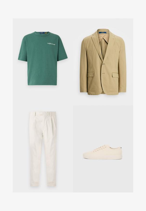 Blazer de algodão bege com lapela com recorte, fecho de um botão e dois bolsos frontais. Textura suave com detalhes de costura mínimos.; T-shirt de algodão verde com decote redondo e mangas curtas. Apresenta um pequeno logotipo branco no peito e um corte relaxado e largo.; Calças brancas pregueadas com um corte ajustado, apresentando uma textura suave, passantes de cinto e pernas afuniladas. Sem bolsos visíveis ou padrões.; Sapatilhas de lona bege com biqueira redonda, sola de borracha plana e atacadores à frente. Apresentam um design minimalista e um detalhe preto contrastante no calcanhar.