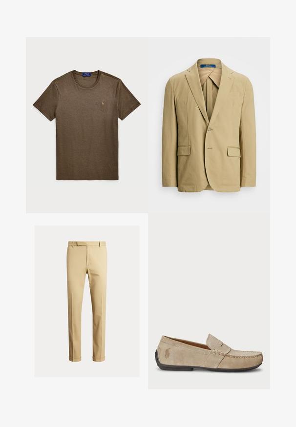 Beige pamut blézer, kivágott hajtókával, egy gombos záródással és két elülső zsebbel. Simább textúra minimális varrási részletekkel.; Polo Ralph Lauren CUSTOM SLIM FIT SOFT COTTON T-SHIRT - Basic póló - cedar heather; Kaki chino nadrág, sima pamutból készült, fitted fazonú, elöl fodrokkal és bokánál szűkített kialakítással.; Beige velúr mokaszin, varrott díszítéssel, lapos gumitalppal és kis logóval az oldalon. Klasszikus slip-on dizájn, puha tapintású.