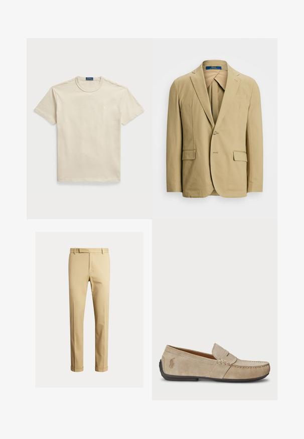 Beige kokvilnas žakete ar iegrieztu klāju, vienas pogas aizdari un divām priekšējām kabatām. Gluda tekstūra ar minimāliem šuvju detaļām.; Beige kokvilnas T-krekls ar apaļu kaklu, īsām piedurknēm un mazu logo uz krūšu. Gluda tekstūra, ikdienišķa piegriezuma un minimāls dizains.; Khaki chinos, kas izgatavoti no gludas kokvilnas auduma, ar pieguļošu dizainu, priekšējām krokām un elastīgiem galiem pie potītēm, nodrošinot sašaurinātu izskatu.; Beige zamšveida loaferi ar izšūtu detaļu, platu gumijas zoli un mazu logo sānos. Klasisks viegli uzvelkamais dizains, mīksta tekstūra.