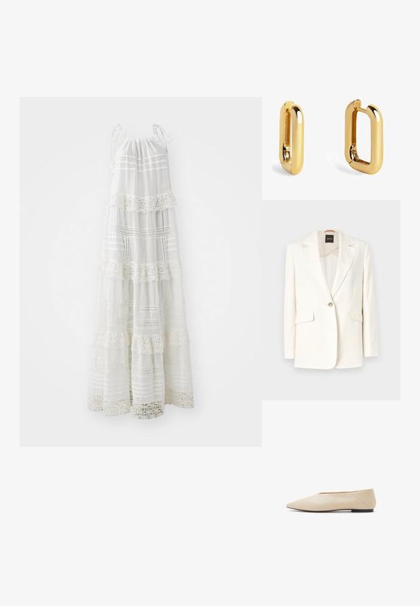 Weißes tailliertes Blazer mit Reverskragen, einem Einzelknopfverschluss und zwei vorderen Taschen. Glattes Material und klare Linien. Markenschild innen sichtbar.; Weißes Maxikleid mit Spaghettiträgern, ausgestattet mit geschichteten Rüschen, Spitzenakzenten und horizontalen Streifen. Leichter Stoff.; Beige Lederflats mit spitzem Zehenbereich, minimalistischem Design, glatter Oberfläche und niedrigem schwarzen Absatz. Elegant und vielseitig für verschiedene Looks.; Goldene Metallohrringe mit einer verlängerten rechteckigen Form, die eine glatte Oberfläche und abgerundete Kanten für ein poliertes Aussehen aufweisen.