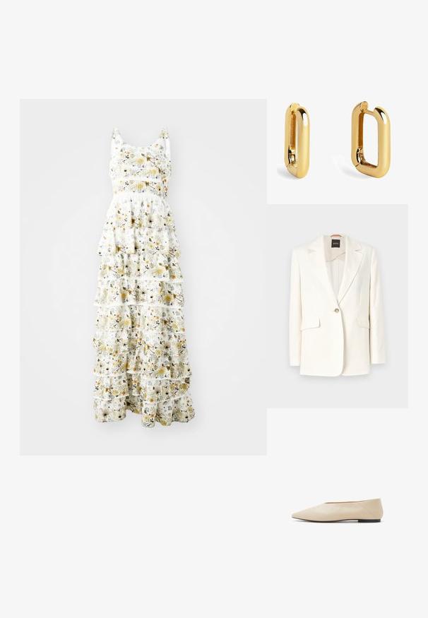 Witte op maat gemaakte blazer met een notch lapel, enkele knoopsluiting en twee voorzakken. Glad stof en strakke lijnen. Merktag zichtbaar aan de binnenkant.; Maxi-jurk in lichtgewicht stof met een witte achtergrond en gele, paarse en zwarte bloemenpatronen; gelaagde ruches voegen volume toe.; Beige leren platte schoen met een spitse neus, minimalistisch ontwerp, gladde oppervlakte en een lage zwarte hak. Elegant en veelzijdig voor verschillende looks.; Gouden metalen oorbellen met een langwerpige rechthoekige vorm, met een glad oppervlak en ronde randen voor een gepolijste uitstraling.