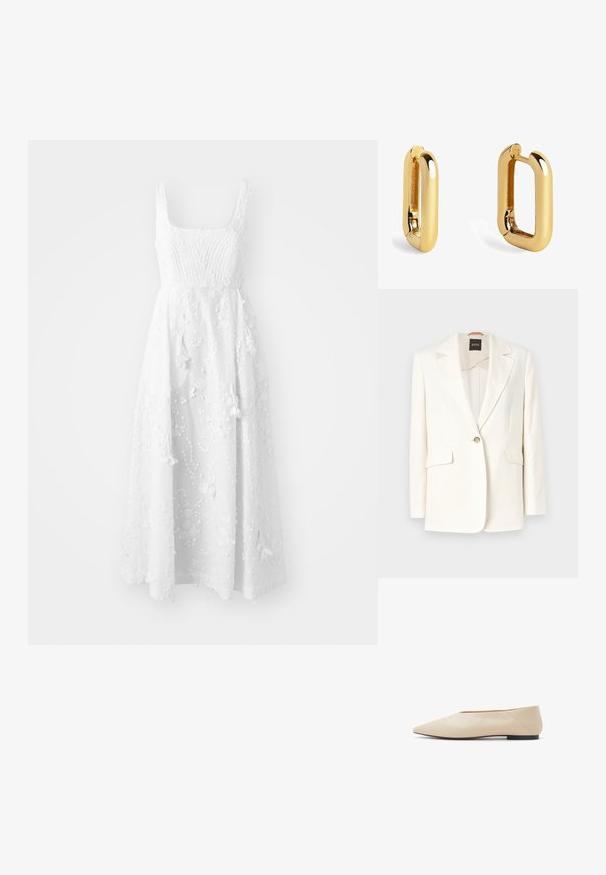 Biały żakiet dopasowany, z klapką, z jednym guzikiem i dwiema przednimi kieszeniami. Gładki materiał i czyste linie. Widoczna metka marki wewnątrz.; MUNTHE FRONIA mleczny; Beżowe skórzane baleriny z wąskim noskiem, minimalistyczny design, gładka powierzchnia i niski czarny obcas. Eleganckie i uniwersalne do różnych stylizacji.; Złote metalowe kolczyki o wydłużonym prostokątnym kształcie, z gładką powierzchnią i zaokrąglonymi krawędziami, co nadaje im elegancki wygląd.