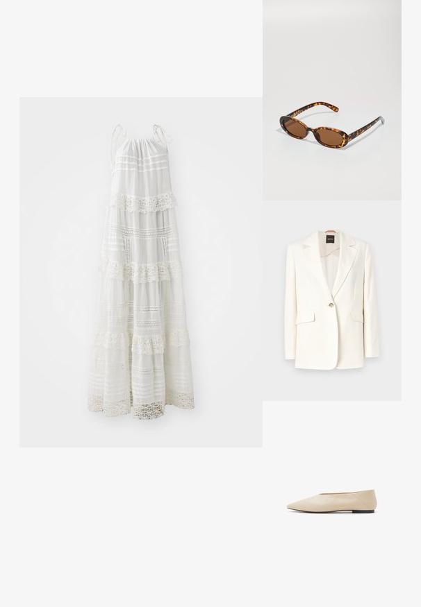 Weißes tailliertes Blazer mit Reverskragen, einem Einzelknopfverschluss und zwei vorderen Taschen. Glattes Material und klare Linien. Markenschild innen sichtbar.; Weißes Maxikleid mit Spaghettiträgern, ausgestattet mit geschichteten Rüschen, Spitzenakzenten und horizontalen Streifen. Leichter Stoff.; Beige Lederflats mit spitzem Zehenbereich, minimalistischem Design, glatter Oberfläche und niedrigem schwarzen Absatz. Elegant und vielseitig für verschiedene Looks.;  Schildpatt-Sonnenbrille mit ovalen Rahmen, braunen Gläsern und schlanken schwarzen Bügeln mit subtilen Musterakzenten.; Goldene Metallohrringe mit einer verlängerten rechteckigen Form, die eine glatte Oberfläche und abgerundete Kanten für ein poliertes Aussehen aufweisen.