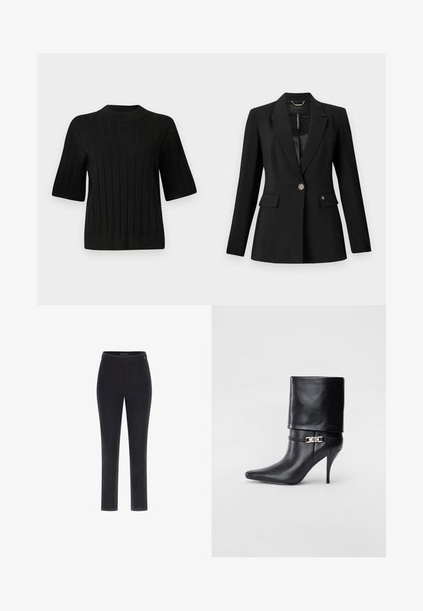 Schwarze Blazer aus strukturiertem Stoff, mit einem einzigen Knopfverschluss, zwei Fronttaschen und einem satinierten Futter. Auffälliges Logo-Detail auf der Tasche.; Schwarzer kurzärmeliger Pullover mit gerippter Textur und hohem Ausschnitt, der vertikale Linien und eine taillierte Silhouette aufweist.; Schwarze, enganliegende Hose mit glatter Textur, geradem Beindesign und breitem Bund. Mit kleinem Logo am Bund.; Schwarze Leder-Ankle-Boots mit spitzer Zehenpartie, hohen Stiletto-Absätzen, umgeschlagenem Schaft und einem goldenen dekorativen Schnallen-Detail an der Knöchel.