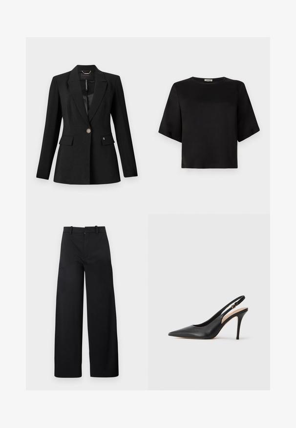 Zwarte blazer van textuurstof, met een enkele knoopsluiting, twee voorzakken en een satijnen voering. Opvallend logo op de zak.; Zwarte, kortekappen top met een ronde halslijn, gemaakt van een gladde stof. Het ontwerp heeft een boxy silhouet en een nette afwerking.; Zwarte wijde broek van stof, met een rits aan de voorkant, riemlussen en een gladde textuur zonder zichtbare patronen of accenten.; Zwarte lederen slingback hakken met een puntige neus, een gladde textuur en een delicaat bandje met een metalen gesp.