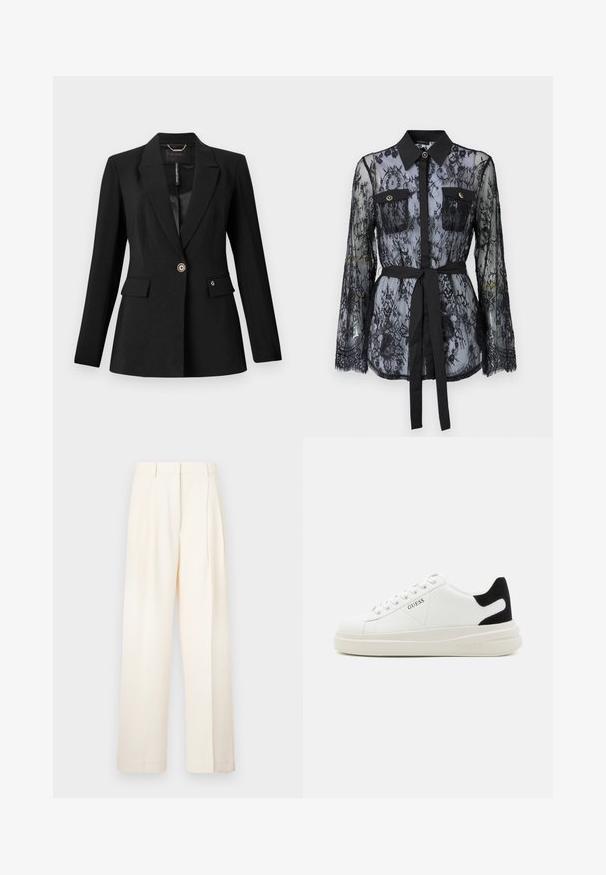 Svart blazer laget av teksturert stoff, med en enkelt knappelukking, to frontlommer og satengfôr. Merkevarenotat på lommen.; Svart blondebluse med lange ermer, knapplukking på brystlommene, klassisk krage og belte i stoff knyttet rundt livet. Gjennomsiktig design.; Videbukser i kremfarge laget av glatt stoff. Har en skreddersydd design med frontfeller og rett snitt.; Hvite lær sneakers med tykk hvit såle, svart semsket hælforsterkning og preget logo på siden. Snøresystem med seks hull.