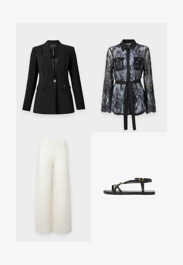 Sacou negru din țesătură texturată, cu închidere printr-un singur nasture, două buzunare frontale și căptușeală din satin. Accents notabile cu logo pe buzunar.; Bluză din dantelă neagră, cu mâneci lungi, buzunare la piept cu nasturi, guler clasic și o curea din țesătură legată în talie. Design transparent.; Pantaloni largi de culoare crem, cu un model texturat matlasat, talie elastică și un material neted cu un luciu subtil.; Sandale negre din piele, cu curele subțiri și o curea cu cataramă la gleznă. Talpă plată cu un finisaj texturat și margine în zigzag. Design minimalist.