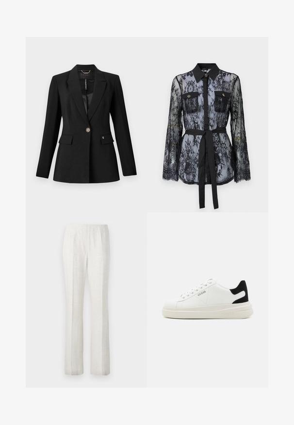 Čierny blejzer z textúrovaného materiálu s jedným gombíkom, dvoma prednými vreckami a saténovou podšívkou. Pozoruhodný logový akcent na vrecku.; Čierna čipkovaná blúzka s dlhými rukávmi, gombíkovými náprsníkmi, klasickým golierom a látkovým opaskom viazaným v páse. Priehľadný dizajn.; Svetlé, rovné nohavice s hladkou textúrou, so záhybmi vpredu a čistým dizajnom pásu.; Biele kožené tenisky s hrubou bielou podrážkou, čiernym zamekom na päte a vyrazeným logom na boku. Šnurovací dizajn so šiestimi očkami.