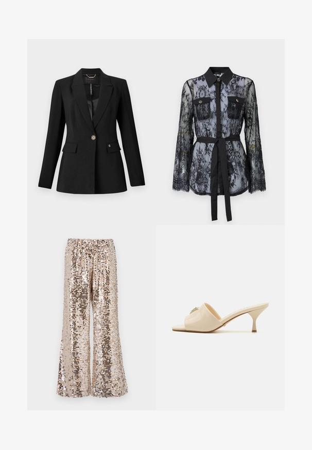 Melnā žakete, izgatavota no teksturētas auduma, ar vienu pogu aizdari, divām priekšējām kabatām un satīna oderi. Izteikta logo akcentācija uz kabatas.; Melnas mežģīņu blūze ar garām piedurknēm, pogām kabatām uz krūtīm, klasisku apkakli un auduma jostu, kas saitē ap jostasvietu. Caurspīdīgs dizains.; Pārsequēti platā leņķa bikses zeltainos un sudrabainos toņos ar elastīgu jostu. Raksturīga spīdīga tekstūra un brīva piegriezuma stils.; Bežs patentēta ādas atvērtā pirksta mūlisandaļa ar zemu stiletto papēdi. Uz augšdaļas ir centrāla dekoratīva akcenta iezīme. Gluda, spīdīga apdare.