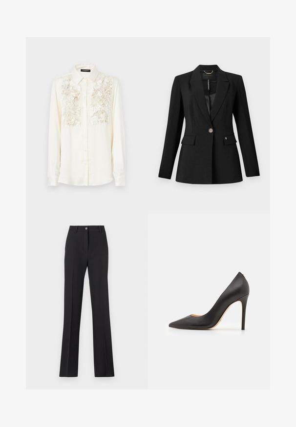 Black blazer made from textured fabric, featuring a single button closure, two front pockets, and a satin lining. Notable logo accent on pocket.; Cream-colored shirt featuring textured floral embroidery across the chest, with a classic collar and button-down front. Long sleeves.; Black, tailored trousers with a straight leg design. Features a button closure, belt loops, and a smooth, matte texture.; Black leather high-heeled pump with a pointed toe and smooth texture, featuring a slender heel and minimalistic design.
