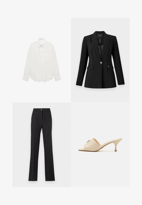 Černý blazer vyrobený z texturované látky, s jedním knoflíkem na zapínání, dvěma předními kapsami a saténovou podšívkou. Výrazný logo akcent na kapse.; Mango Košilová halenka - off-white; Černé kalhoty s rovnými nohavicemi a přiléhavým střihem. Mají knoflíkový zapínání, poutka na opasek a hladký matný povrch.; Krémové lakované kožené sandály typu mule s otvorenou špičkou a nízkým stiletto podpatkem. Obsahují centrální dekorativní prvek na svršku. Hladký, lesklý povrch.