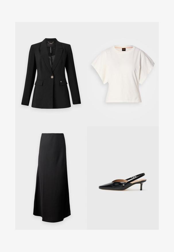 Svart blazer i texturerat tyg, med en knappstängning, två framfickor och satinfoder. Märkbart logotyptryck på fickan.; Vit kortärmad T-shirt, korta vida ärmar, mjukt bomullsmaterial, rund halsringning med subtila orange detaljer, minimal design, inga mönster eller grafik.; Svart midi-kjol med en mjuk textur, designad med hög midja och en sidoöppning, med en enkel och odekorerad silhuett.; Svart lackläder slingback pumps med spetsig tå, liten klack och ett utskärningsmönster på ovandelen. Guldtonad hårdvara som accent på sidan.