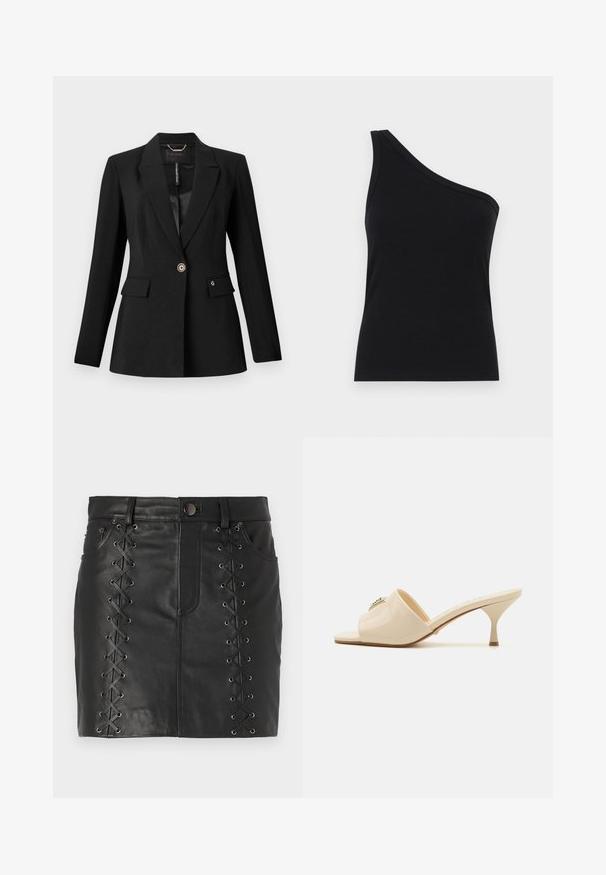 Zwarte blazer van textuurstof, met een enkele knoopsluiting, twee voorzakken en een satijnen voering. Opvallend logo op de zak.; Zwarte ribbel tanktop met één schouder, met een aansluitend ontwerp en een zachte textuur. Kenmerkt zich door een strakke, minimalistische snit en een soepele halslijn.; Zwarte leren minirok met veterdetails aan de zijkanten met metalen oogjes, vijfzakontwerp en een aansluitende silhoeët.; Beige patent leather open-toe mule sandaal met een lage stilettohak. Kenmerken een centrale decoratieve accent op de bovenkant. Glad, glanzend afwerking.