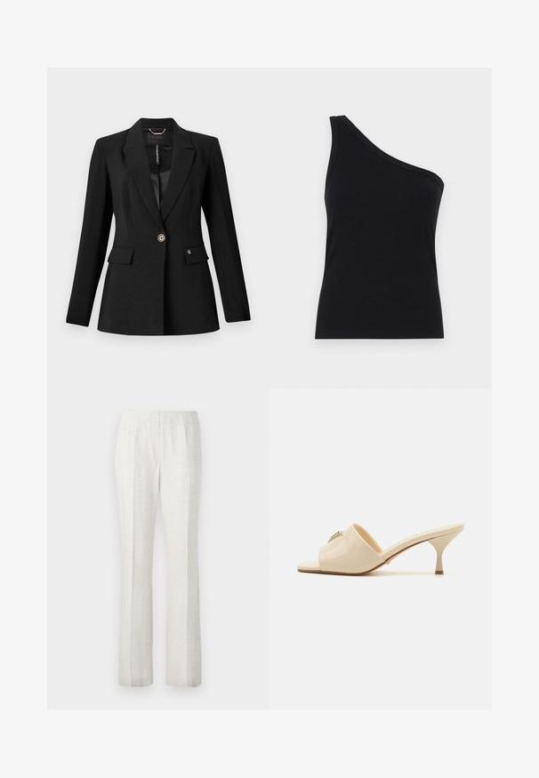 Fekete blézer texturált anyagból, egy gombos záródással, két előlapi zsebbel és selyem béléssel. Figyelemre méltó logó részlet a zseben.; Egyszerű, fekete, bordázott, egyvállas ujjatlan felső, testhez simuló fazonnal és puha textúrával. Tiszta, minimalista szabás és sima nyakkivágás jellemzi.; Világos színű, egyenesen szabott nadrág, sima textúrával, elöl redőkkel és letisztult derékpánttal.; Beige lakkbőr nyitott orrú muleszandál, alacsony stiletto sarokkal. Középen dekoratív díszítéssel ellátva. Simára polírozott, fényes felület.
