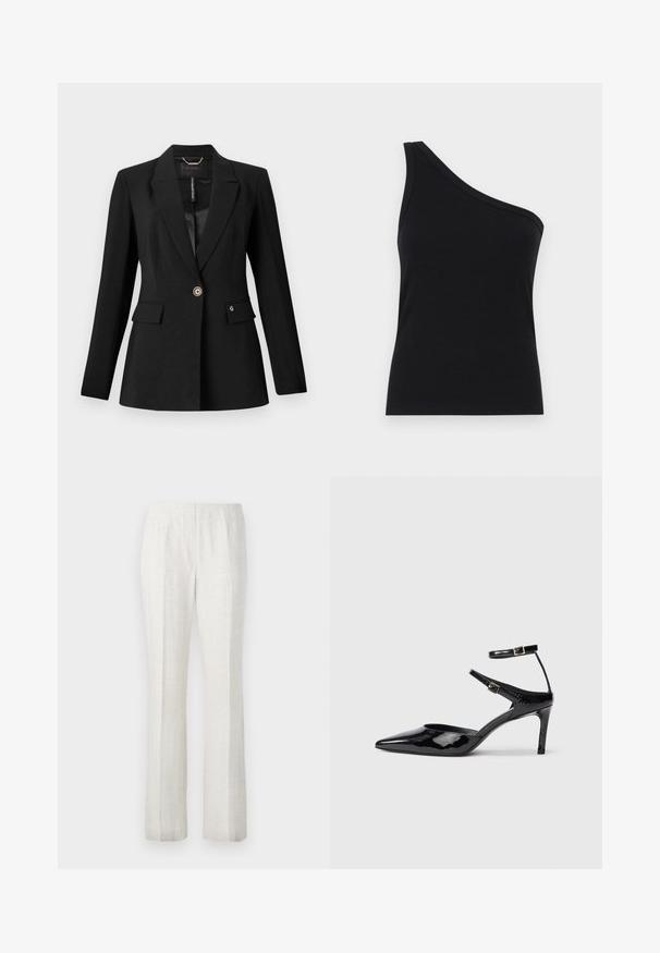 Black blazer made from textured fabric, featuring a single button closure, two front pockets, and a satin lining. Notable logo accent on pocket.; One-shoulder black ribbed tank top with a fitted design and soft texture. Features a clean, minimal cut and smooth neckline.; Light-colored, straight-leg trousers with a smooth texture, featuring front pleats and a clean waistband design.; Black patent leather heels with a pointed toe, adjustable ankle straps, and a slender heel. Smooth texture with a shiny finish.