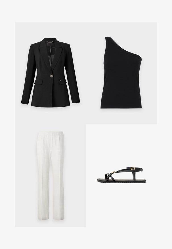 Blazer nero realizzato in tessuto strutturato, con chiusura a un bottone, due tasche frontali e fodera in satin. Accento del logo ben visibile sulla tasca.; Canotta nera a costine con spalla scoperta, dal design aderente e texture morbida. Presenta un taglio pulito e minimal e un collare liscio.; Pantaloni chiari a gamba dritta con una texture liscia, caratterizzati da pieghe frontali e un design della vita pulito.; Sandali neri in pelle con sottili cinturini e una cinghia alla caviglia con fibbia. Suola piatta con una finitura texturizzata e bordo a zigzag. Design minimalista.