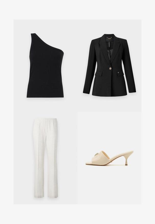 Juodas švarkas, pagamintas iš tekstūruotos medžiagos, su vienu mygtuko užsegimu, dviem priekinėmis kišenėmis ir satino pamušalu. Išskirtinis logotipo akcentas ant kišenės.; Juosmens juodos spalvos ribotuvas su viena petnešėle, tinkamu dizainu ir minkšta tekstūra. Išskirtinis švarus, minimalistinis kirpimas ir sklandus iškirpimas.; Šviesios spalvos tiesios kojų kelnės su lygiu paviršiumi, turinčios priekinę raukšlę ir tvarkingą juosmens dizainą.; Smėlio spalvos patentuotas odinis atviras mules tipo sandalai su žemu stiletto kulnu. Zentralinis dekoratyvinis akcentas priekyje. Lygi, blizgi apdaila.