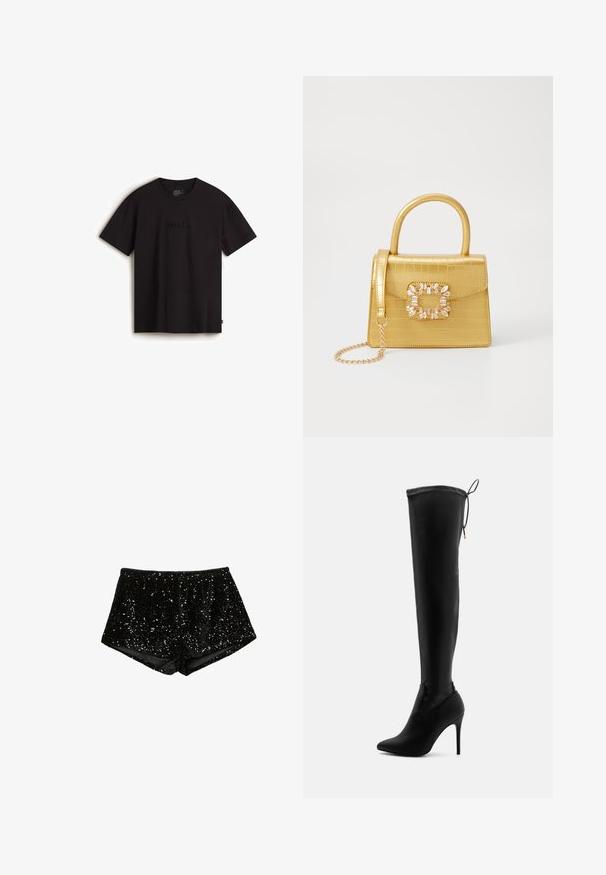 Czarny dwurzędowy żakiet z teksturowanej tkaniny, wyposażony w dwie przednie kieszenie i złote akcenty guzików.; Szary długi kardigan z czarnym wzorem w kratę, wykonany z teksturowanej tkaniny, z dekoltem w serek, długimi rękawami i dwiema przednimi kieszeniami.; Czarny t-shirt krótki rękaw wykonany z bawełny z wypukłym logo "vans." na przodzie i standardowym fasonem okrągłego dekoltu.; Czarne szorty z cekinami o dopasowanym, teksturowanym wzorze. Tkanina pokryta jest błyszczącymi cekinami ułożonymi w dekoracyjny wzór.; Czarne wysokie kozaki wykonane z gładkiego materiału syntetycznego, z ostro zakończonym noskiem, wysokim obcasem typu stiletto oraz regulowanymi ozdobnymi wiązaniami na górze.; Żółta torebka z faux-krokodylka o wyrafinowanej konstrukcji, z górnym uchwytem, odpinanym łańcuszkiem oraz dekoracyjnym kryształowym zdobieniem na zapięciu.