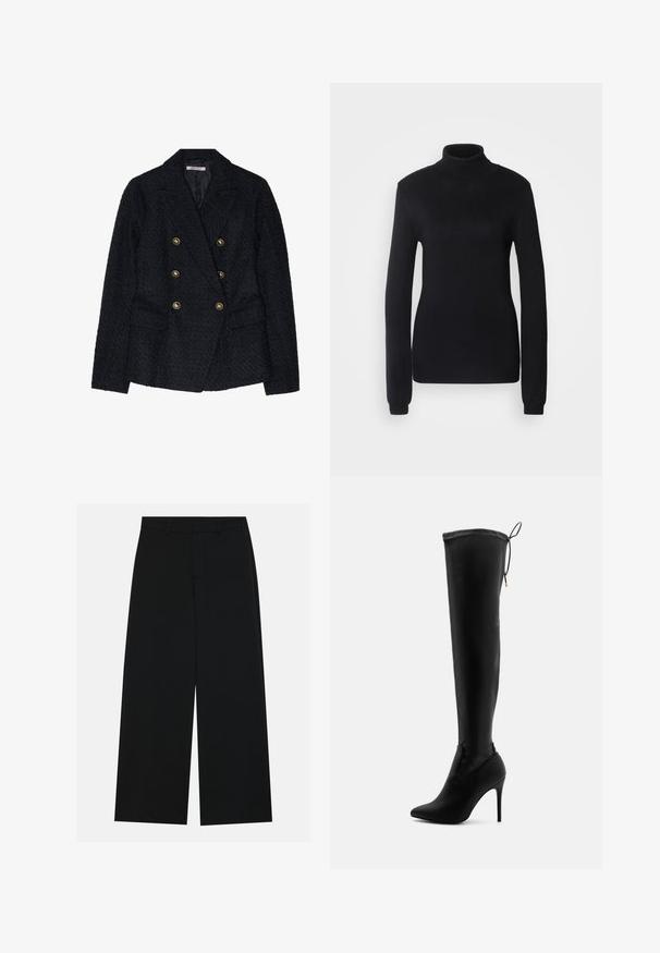Must küllastatud kahe nööbiga sakko, millel on tekstuurne kangas, kaks esist küljepocketit ja kuldse tooni nööbid.; Musta kõrge kaelusega kampsun, valmistatud pehmest kudumkangast, millel on pikad varrukad ja limineeritud siluett ribaga krae ja allserva ääristusega.; Laiad mustad püksid, mis on valmistatud siledast kangast. Omavad tasast vööpinki koos vöölõngadega ja ilma nähtavate taskuteta. Lihtne disain.; Mustmust üle põlve saapad, mis on valmistatud siledast sünteetilisest materjalist, terava nina, kõrge stilettokandiga ja reguleeritavate nööpidega ülaosas.