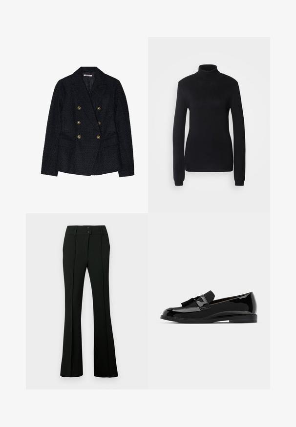 Sacou negru cu două rânduri de nasturi, dintr-un material texturat, având două buzunare frontale și accente cu nasturi de culoare aurie.; Pulover negru cu guler înalt, fabricat dintr-un material tricotat moale, având mâneci lungi și o siluetă ajustată, cu un guler și un tiv ribat.; Pantaloni negri evazați dintr-un material neted, cu talie înaltă cu doi nasturi și falduri frontale, oferind un aspect croitorit.; Mocasiini din piele lacuita neagra, cu tocul plat, avand un accent cu ciucure si o suprafata neteda, proiectati cu un vârf rotunjit si o cusatura subtila.