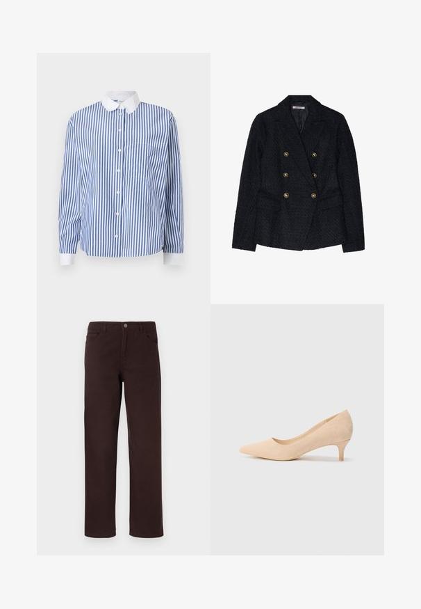 Fekete, dupla soros blézer texturált anyagból, két elülső zsebbel és aranyszínű gombdíszítéssel.; Kék és fehér csíkos gombos ing, fehér gallérral, hosszú ujjal, bal oldalon zsebbels, és laza szabással.; Barna pamut nadrág egyenes szárú szabással, két elülső zsebbel és gombos zárással a deréknál. Simas texture, látható minták nélkül.; Beige velúr magassarkú cipő hegyes orral és vékony, 5 cm-es sarkával. Simító textúra, minimális díszítéssel a felső felületen.