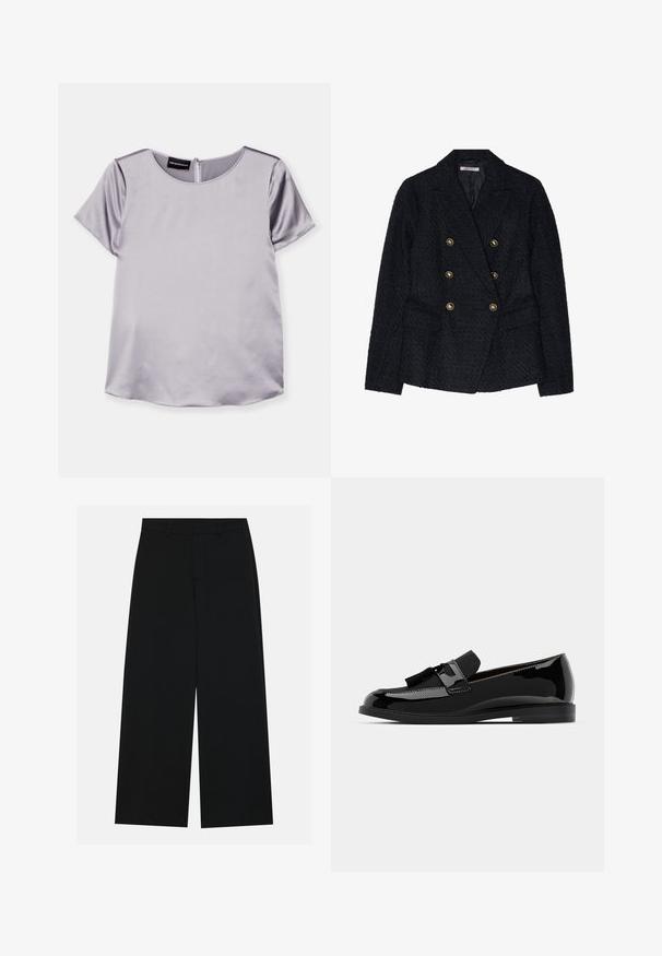 Svart dubbelknäppt kavaj med en strukturerad tyg, utrustad med två framfickor och detaljer i gyllene knappar.; Kortärmad blus i lavendel av satin med rund halsringning och dragkedja i ryggen. Har en slät textur och en avslappnad passform.; Breda svarta byxor i ett mjukt tyg. Har en platt midja med bälteshällor och inga synliga fickor. Enkelt design.; Svarta lackläderloafers med platt häl, med en fransdetalj och slät yta, designade med rund tå och subtil sömnad.