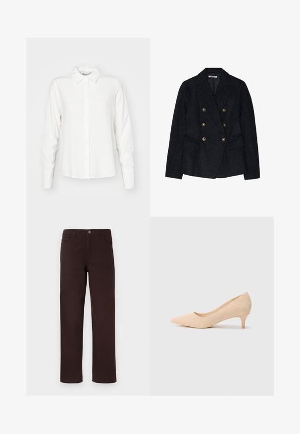 Black double-breasted blazer with a textured fabric, featuring two front pockets and gold-tone button accents.; White, long-sleeve button-up shirt with a collar, made from smooth fabric; features a straight cut and subtle texture.; Brown cotton pants with a straight-leg design, two front pockets, and a button closure at the waistband. Smooth texture with no visible patterns.; Beige suede high-heeled pump with a pointed toe and a slim, 2-inch heel. Smooth texture with minimal detailing on the upper surface.