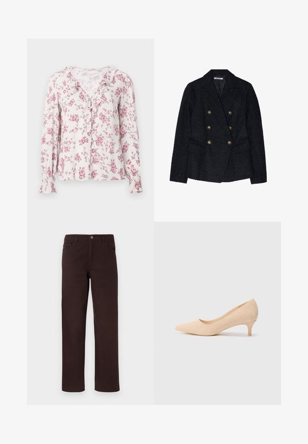 Blazer preto de duplo botão com um tecido texturizado, apresentando dois bolsos frontais e detalhes em botões dourados.; Blusa floral com mangas longas, tecido suave, rosas cor-de-rosa sobre um fundo claro, com gola franzida e fecho de botão.; Calças de algodão castanhas com um design de perna reta, dois bolsos frontais e um fecho de botão na cintura. Textura lisa sem padrões visíveis.; Sandal com salto alto de camurça bege, com bico fino e um salto delgado de 2 polegadas. Textura suave com detalhes mínimos na superfície superior.