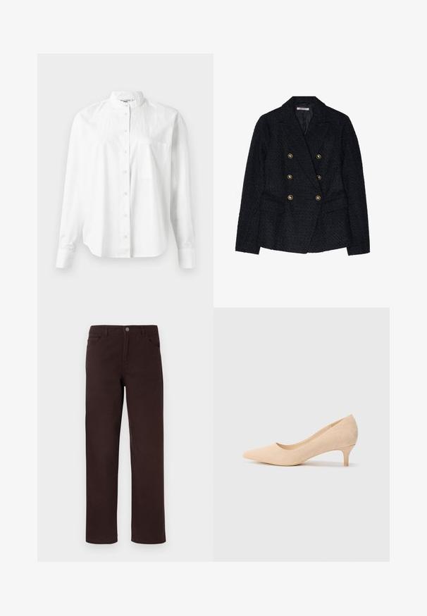 Fekete, dupla soros blézer texturált anyagból, két elülső zsebbel és aranyszínű gombdíszítéssel.; Fehér, hosszú ujjú ing, band gallérral, gombos elülső részzel és zsebből. Könnyű anyagból készült, sima textúrával.; Barna pamut nadrág egyenes szárú szabással, két elülső zsebbel és gombos zárással a deréknál. Simas texture, látható minták nélkül.; Beige velúr magassarkú cipő hegyes orral és vékony, 5 cm-es sarkával. Simító textúra, minimális díszítéssel a felső felületen.