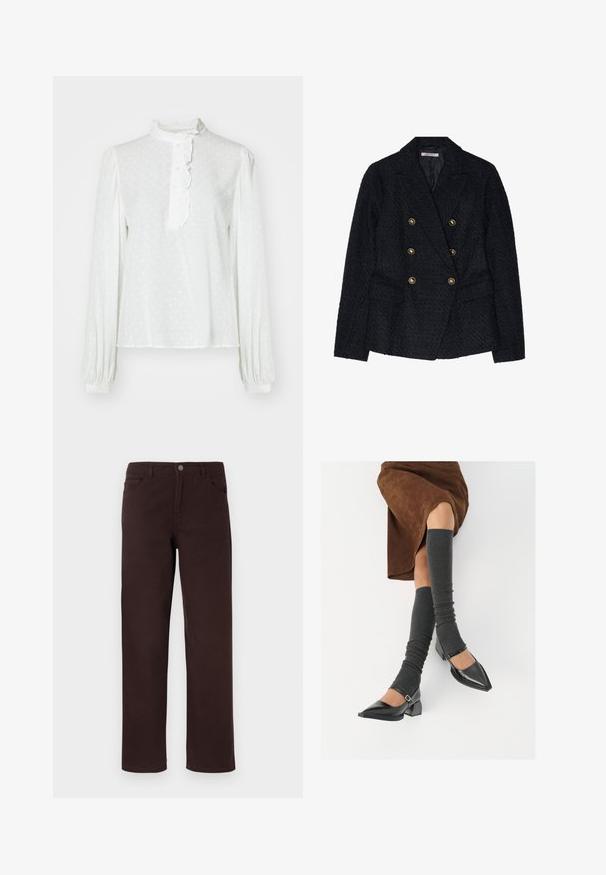 Juodas dvigubas švarkas su tekstūra, su dviem priekinėmis kišenėmis ir auksinėmis sagų detalėmis.; Balta ilga rankovė bluzė su aukštu kaklu, raukšlėta apykakle, priekiniais mygtukais ir subtiliu taškuotų raštų tekstūruotame audinyje.; Rudi medvilniniai kelniai su tiesiomis kojomis, dviem priekinėmis kišenėmis ir mygtukų užsegimu juosmenyje. Lygus paviršius be matomų raštų.; Juodi lakuoti odiniai batai su aštriu kuma ir bloko kulnu, derinami su pilkais riebiais kojų šildytuvais ir rudais zomšiniais sijonais.