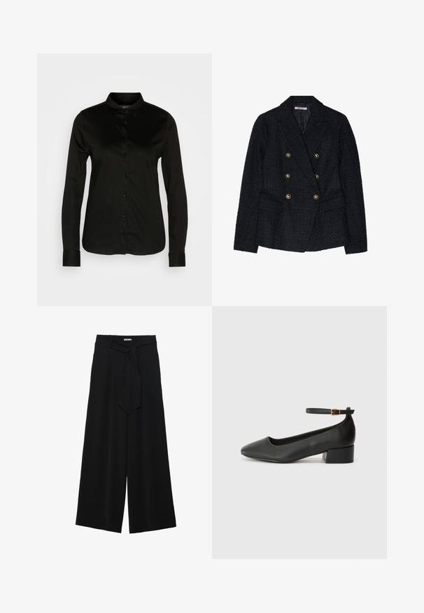 Black double-breasted blazer with a textured fabric, featuring two front pockets and gold-tone button accents.; Black long-sleeve button-up shirt with a classic collar, made of smooth fabric, featuring a row of black buttons and buttoned cuffs.; Black wide-leg pants featuring a textured fabric, an elastic waistband, and a detachable sash tie at the waist for adjustable fit.; Black leather pump with a pointed toe and a low block heel. Features an ankle strap with a gold-tone buckle. Smooth texture.