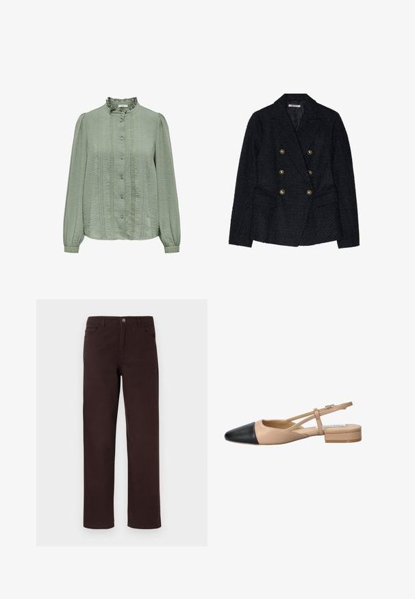 Črn dvojnici blazer z teksturirano tkanino, ki ima dva sprednja žepa in zlate gumbe kot okras.; Svetlo zelena bluzica z dolgimi rokavi, teksturirana tkanina, polkrožni sprednji del, volanasti ovratnik in okrasni gumbi vzdolž sredine.; Rjave bombažne hlače s ravnim krojem, dvema sprednjima žepoma in gumbom za zapiranje na pasu. Gladka tekstura brez vidnih vzorcev.; Bežna in črna dvobarvna slingback čevlja s koničastim noskom, ravnim peto in križno zasnovo traku. Gladka usnjena tekstura.